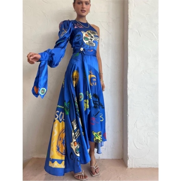 Alemais 100% silk Soleil One Shoulder Midi Dress In Cobalt NWT